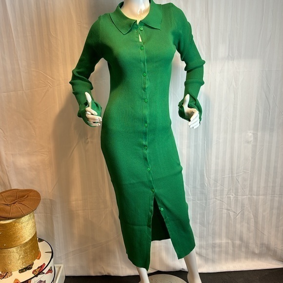 Micas Green Rib Knitted Collared Button Strips Flared Dress Size Large RefI027 - Picture 6 of 17